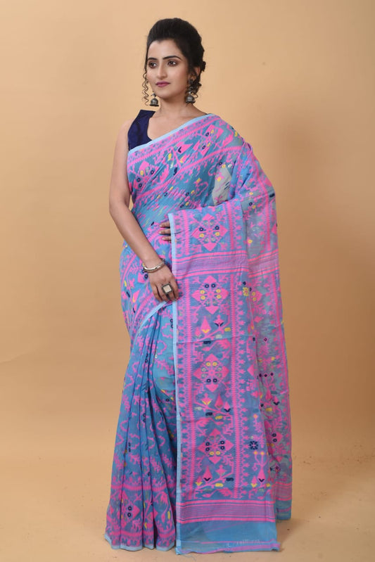 WOVEN DESIGND SOFT DHAKAI JAMDANI SAREE COLOR AQUA BLUE - Rebistore