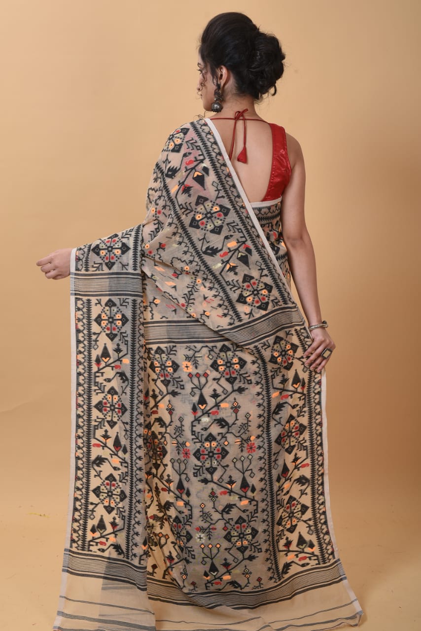 WOVEN DESIGND SOFT DHAKAI JAMDANI SAREE COLOR BEIGE - Rebistore