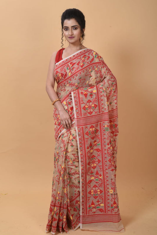 WOVEN DESIGND SOFT DHAKAI JAMDANI SAREE COLOR BEIGE - Rebistore