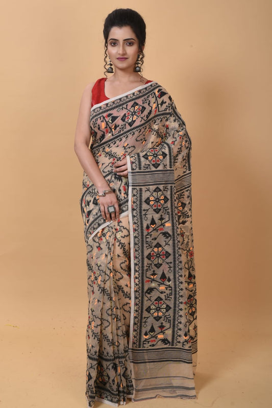 WOVEN DESIGND SOFT DHAKAI JAMDANI SAREE COLOR BEIGE - Rebistore