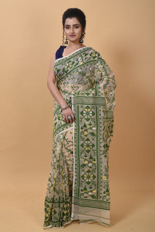 WOVEN DESIGND SOFT DHAKAI JAMDANI SAREE COLOR BEIGE - Rebistore
