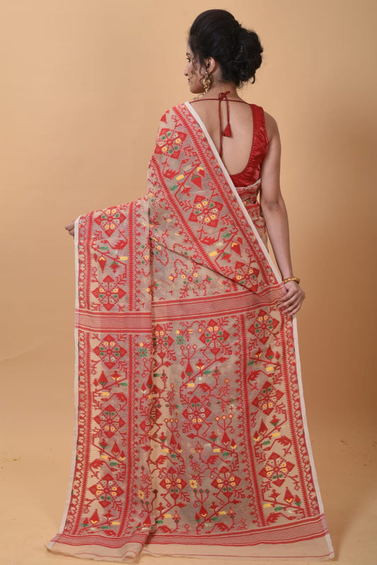 WOVEN DESIGND SOFT DHAKAI JAMDANI SAREE COLOR BEIGE - Rebistore