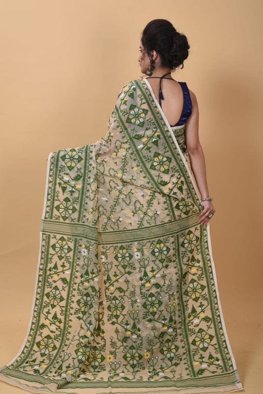 WOVEN DESIGND SOFT DHAKAI JAMDANI SAREE COLOR BEIGE - Rebistore
