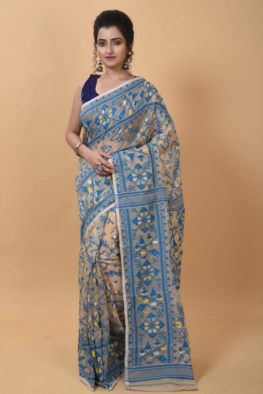 WOVEN DESIGND SOFT DHAKAI JAMDANI SAREE COLOR BEIGE - Rebistore
