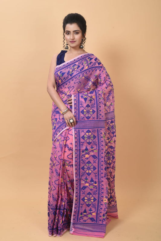 WOVEN DESIGND SOFT DHAKAI JAMDANI SAREE COLOR PINK - Rebistore