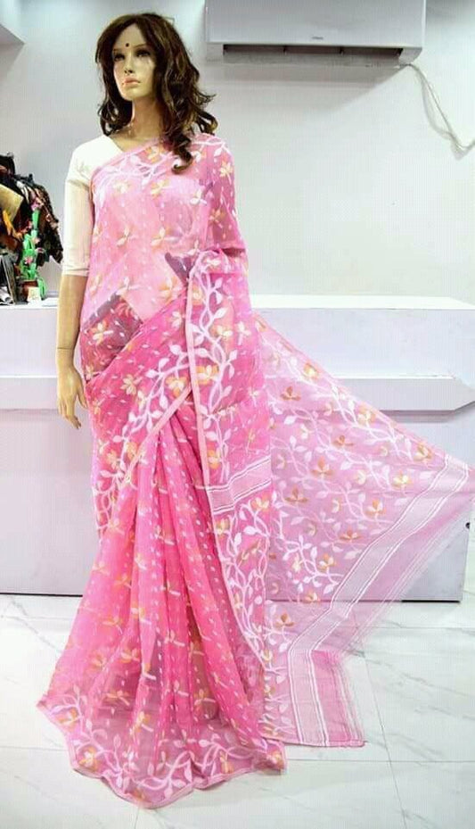 Woven Jamdani Cotton Silk Saree Color Pink - Rebistore