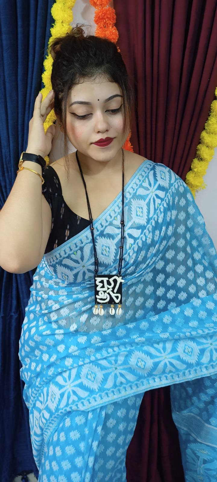 Woven Soft Dhakai Jamdani Saree Cotton Silk Color Aqua blue - Rebistore