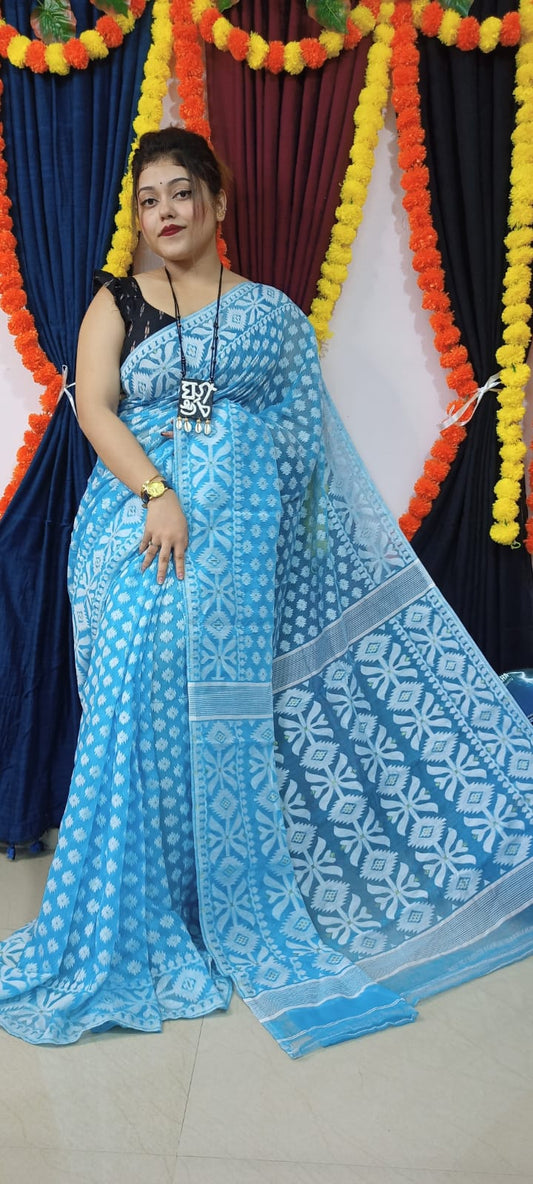 Woven Soft Dhakai Jamdani Saree Cotton Silk Color Aqua blue - Rebistore