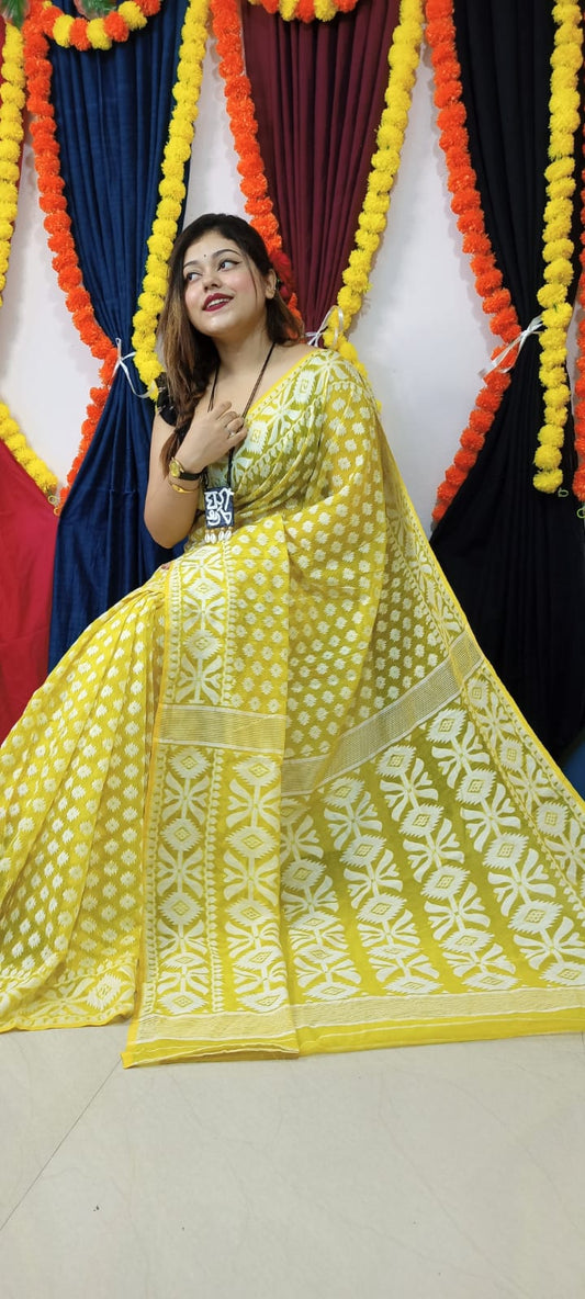 Woven Soft Dhakai Jamdani Saree Cotton Silk Color Lemon yellow - Rebistore