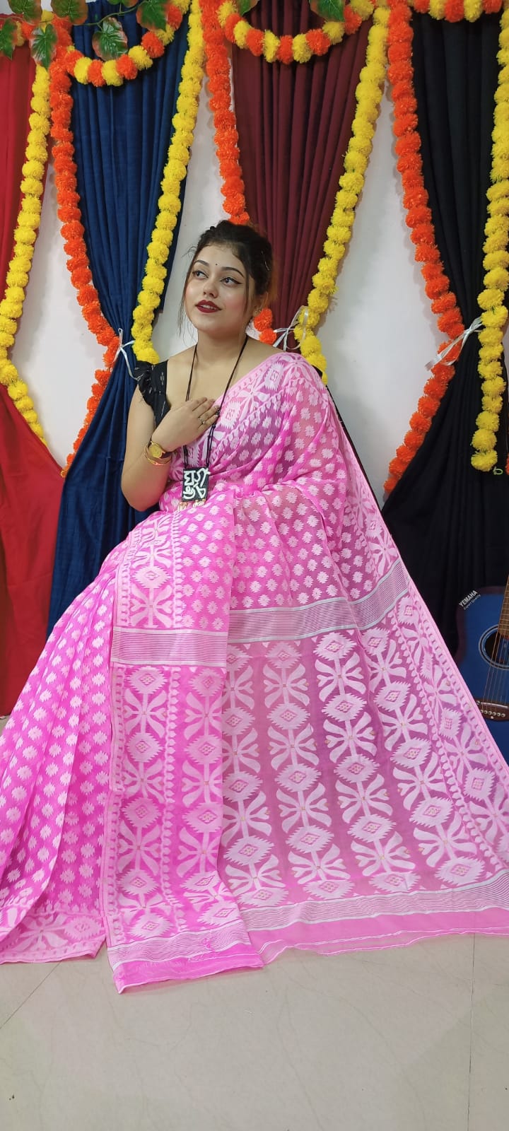 Woven Soft Dhakai Jamdani Saree Cotton Silk Color Pink - Rebistore