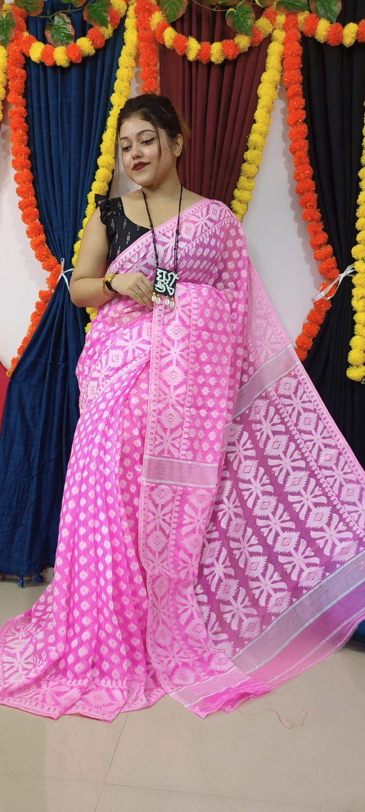 Woven Soft Dhakai Jamdani Saree Cotton Silk Color Pink - Rebistore