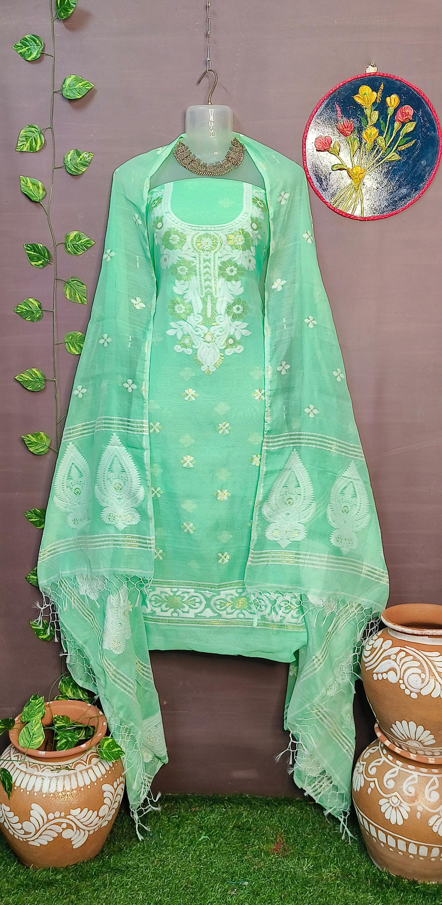 Woven Jamdani Kurta Dupatta Sets Without Unstitched