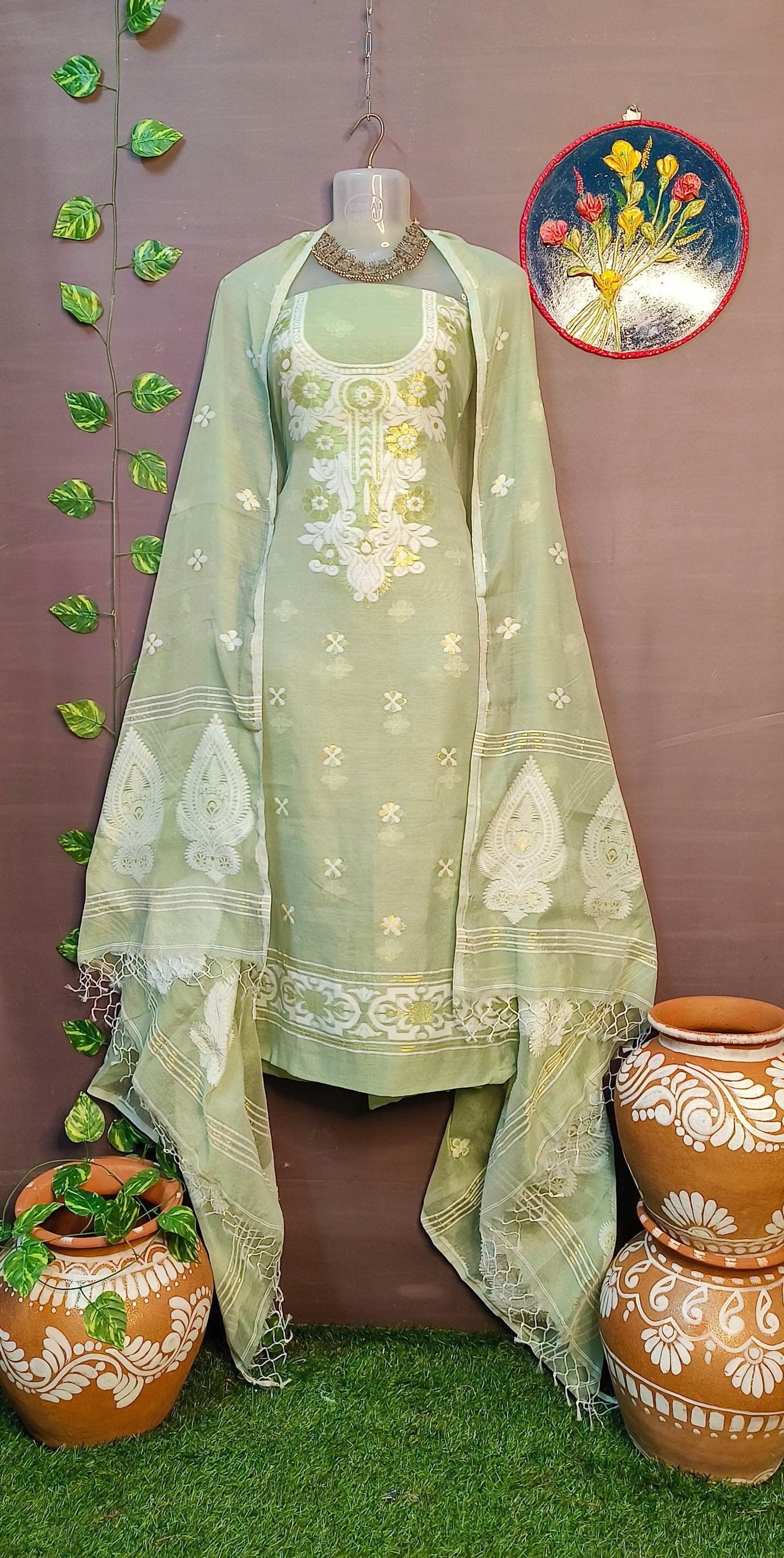 Woven Jamdani Kurta Dupatta Sets Without Unstitched