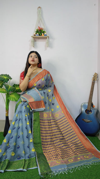 Woven Design Soft Dhakai Jamdani Saree Cotton Silk