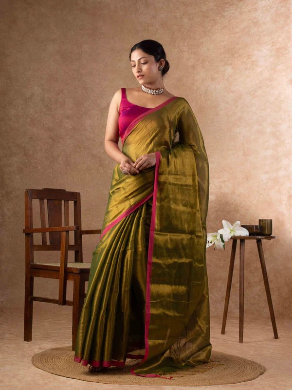 Airy Organic Tissue Silk Saree in Olive Green - Rebistore