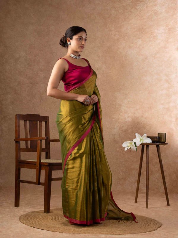 Airy Organic Tissue Silk Saree in Olive Green - Rebistore