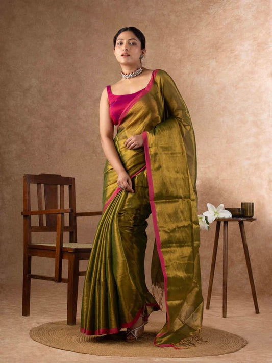 Airy Organic Tissue Silk Saree in Olive Green - Rebistore