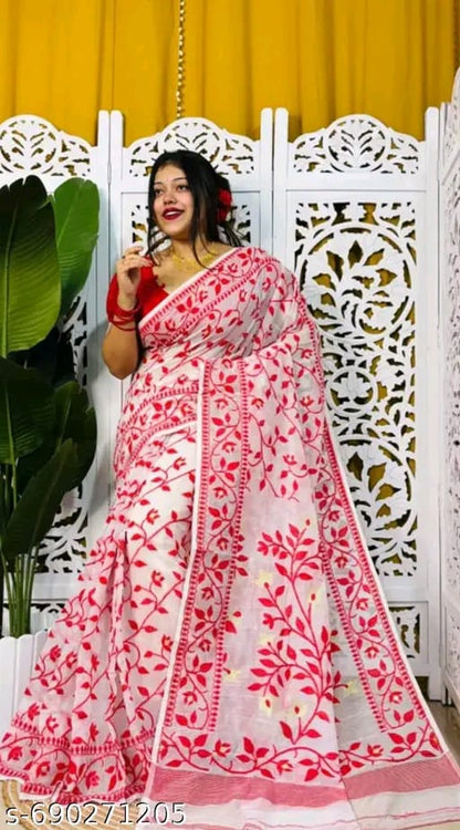 Dhakai Jamdani Saree Cotton Silk Saree Color White - Rebistore