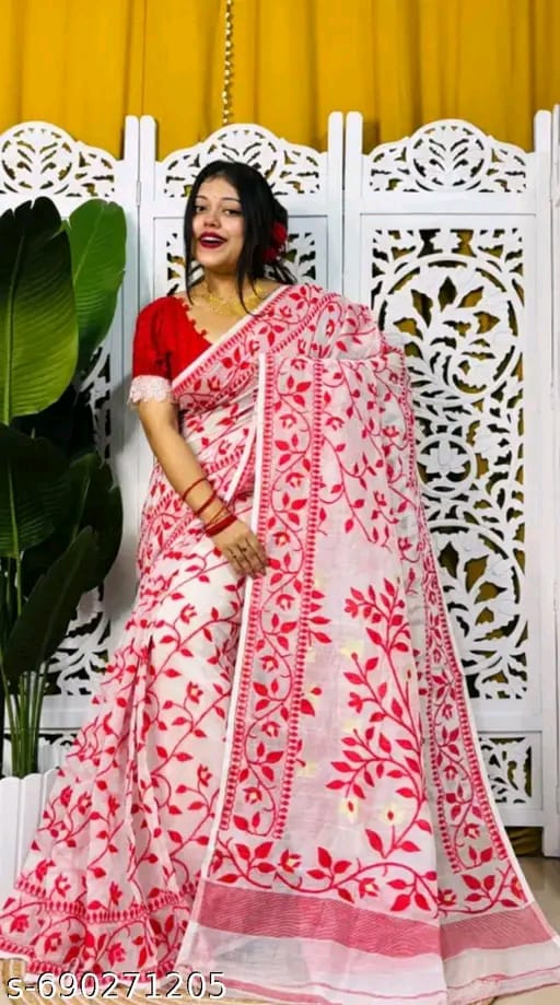 Dhakai Jamdani Saree Cotton Silk Saree Color White - Rebistore