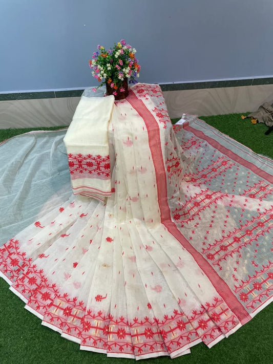 Dhakai Jamdani Saree Silk Saree Color White - Rebistore