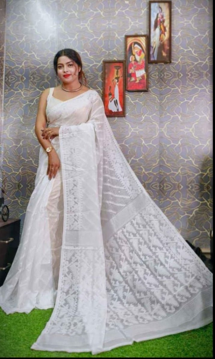 Soft Dhakai Jamdani Saree Cotton Silk Saree Color White - Rebistore