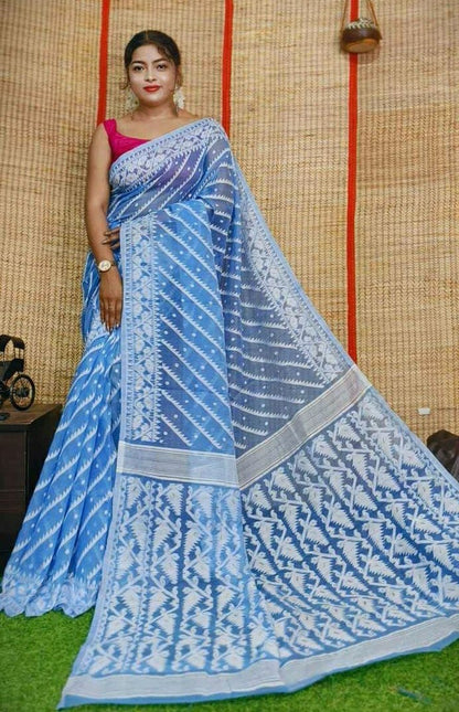 Soft Karat Dhakai Jamdani Saree Color Aqua blue - Rebistore