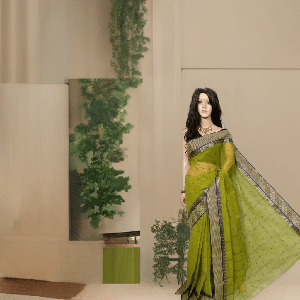 Women’s Cotton HandloomTaant Saree Color Olive - Rebistore