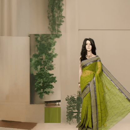 Women’s Cotton HandloomTaant Saree Color Olive - Rebistore