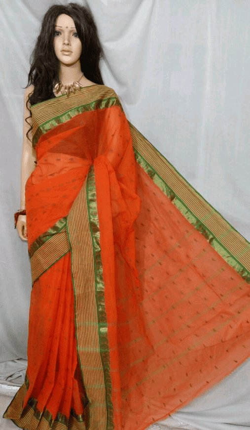 Women’s Cotton HandloomTaant Saree Colour Orange - Rebistore