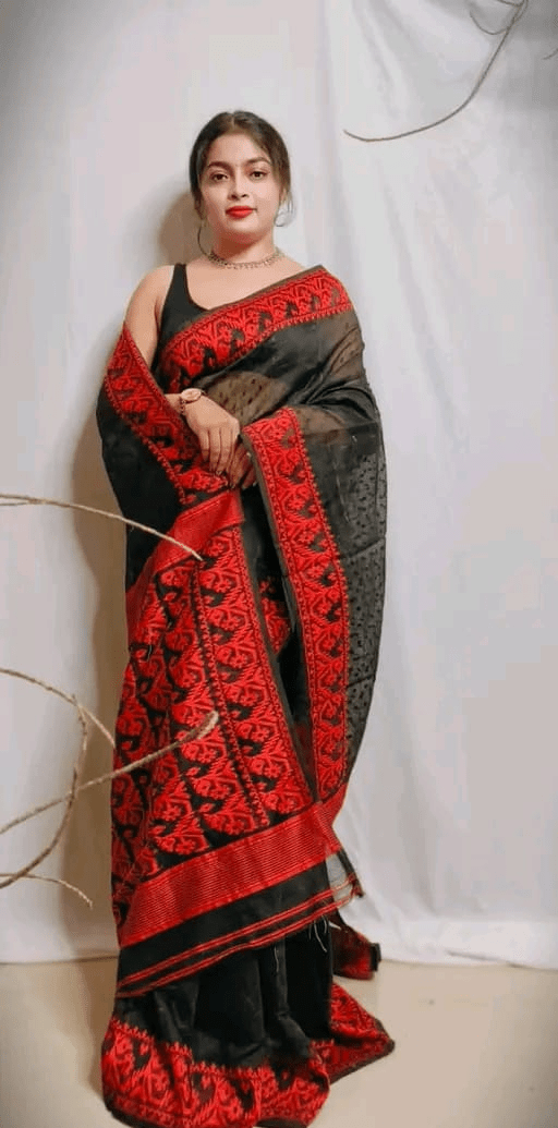 Women’s Dhakai Jamdani Saree Cotton Silk Color Black - Rebistore