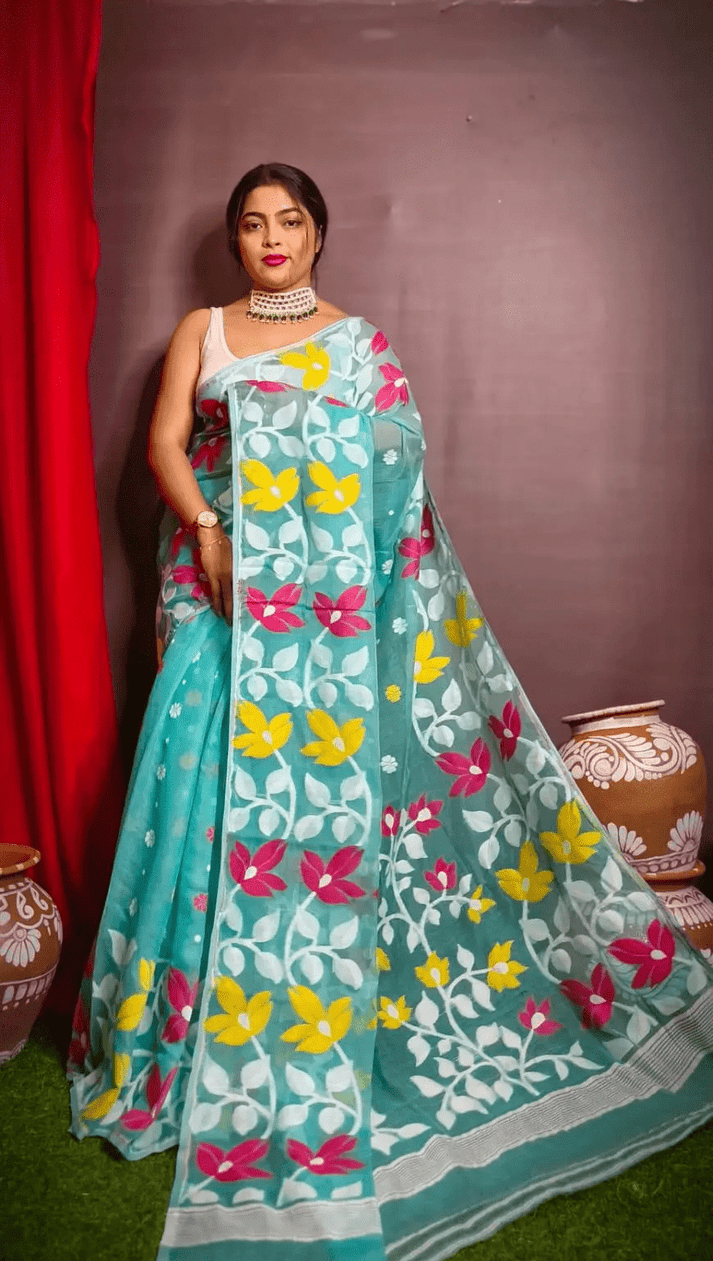 Women's Soft Dhakai Jamdani Saree Color turquoise – Rebistore