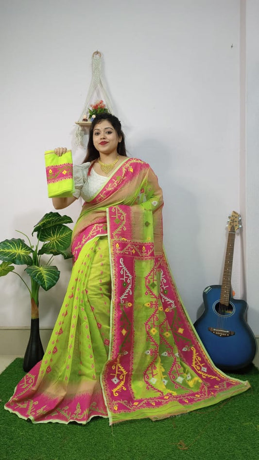 Woven Design Dhakai Jamdani saree Blouse piece available Color Multicolor - Rebistore