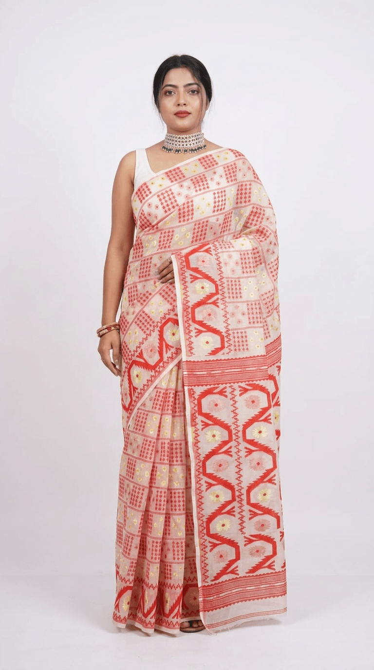 Woven Design Dhakai jamdani Saree Color White - Rebistore