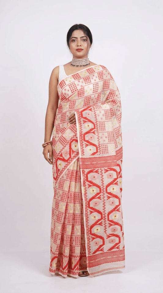 Woven Design Dhakai jamdani Saree Color White - Rebistore