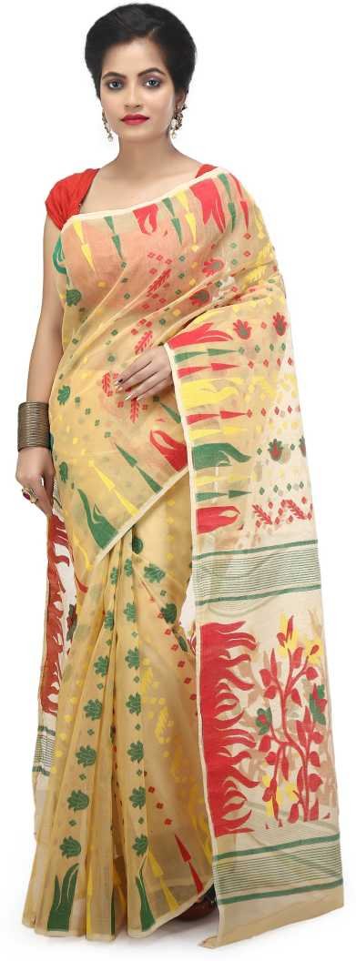 Woven Design Dhakai Jamdani Saree Cotton Silk Color Beige - Rebistore