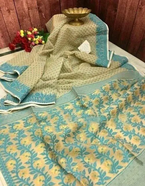 Woven Design Dhakai Jamdani Saree Cotton Silk Color Beige - Rebistore