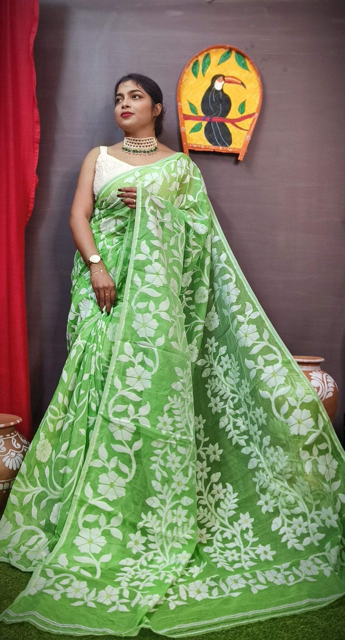 Woven Design Dhakai Jamdani Saree Cotton Silk Color Green - Rebistore