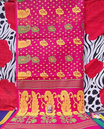 Woven Design Dhakai Jamdani Saree Cotton Silk Pack( 3 ) Color Rani White Yellow - Rebistore