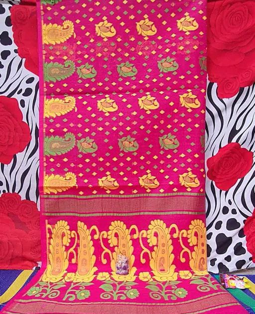 Woven Design Dhakai Jamdani Saree Cotton Silk Pack( 3 ) Color Rani White Yellow - Rebistore