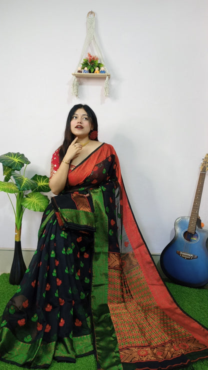 Woven Design Soft Dhakai Jamdani saree Color Black - Rebistore