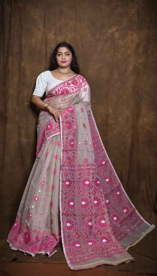 Woven Design Soft Dhakai Jamdani saree Color Silver - Rebistore