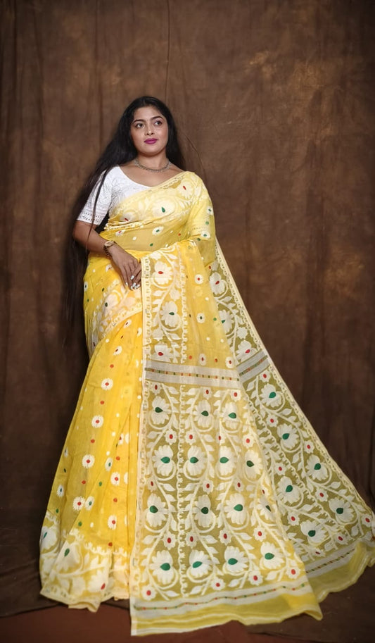 Woven Design Soft Dhakai Jamdani saree Color Yellow - Rebistore