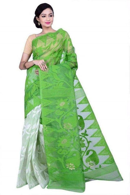 Woven Design Soft Jamdani Saree Cotton Silk Color White Green - Rebistore