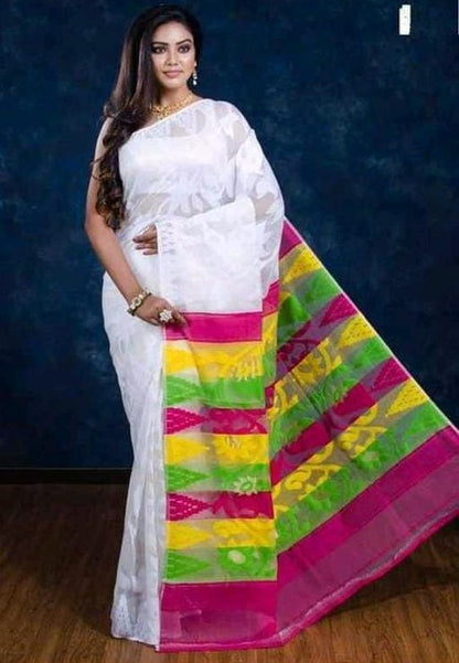 Woven Design Soft Jamdani Saree Cotton Silk Color White Multicolor - Rebistore