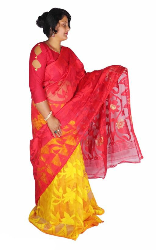 Woven Design Soft Jamdani Saree Cotton Silk Color Yellow Red - Rebistore