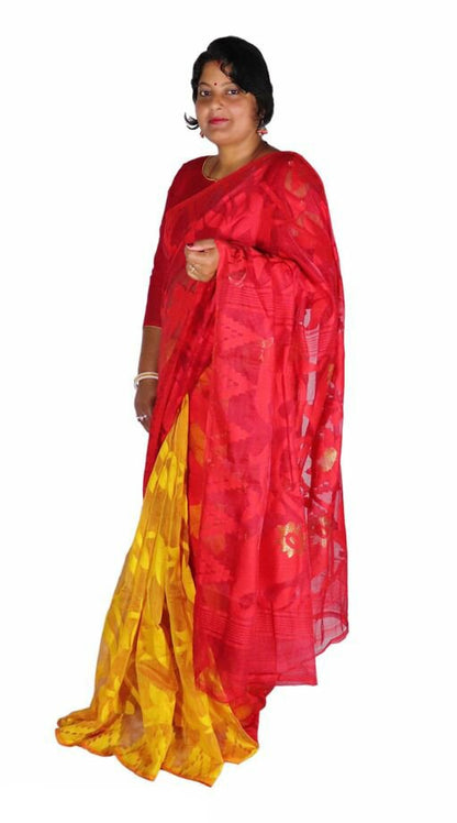 Woven Design Soft Jamdani Saree Cotton Silk Color Yellow Red - Rebistore