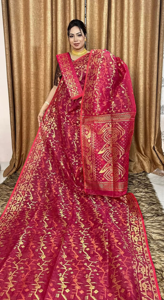 Woven Design Soft Zari Dhakai Jamdani Saree Color Red - Rebistore