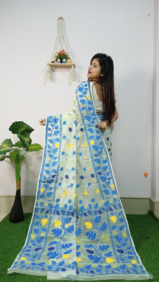 WOVEN DESIGND DHAKAI JAMDANI SAREE COLOR GARLIC WHITE - Rebistore