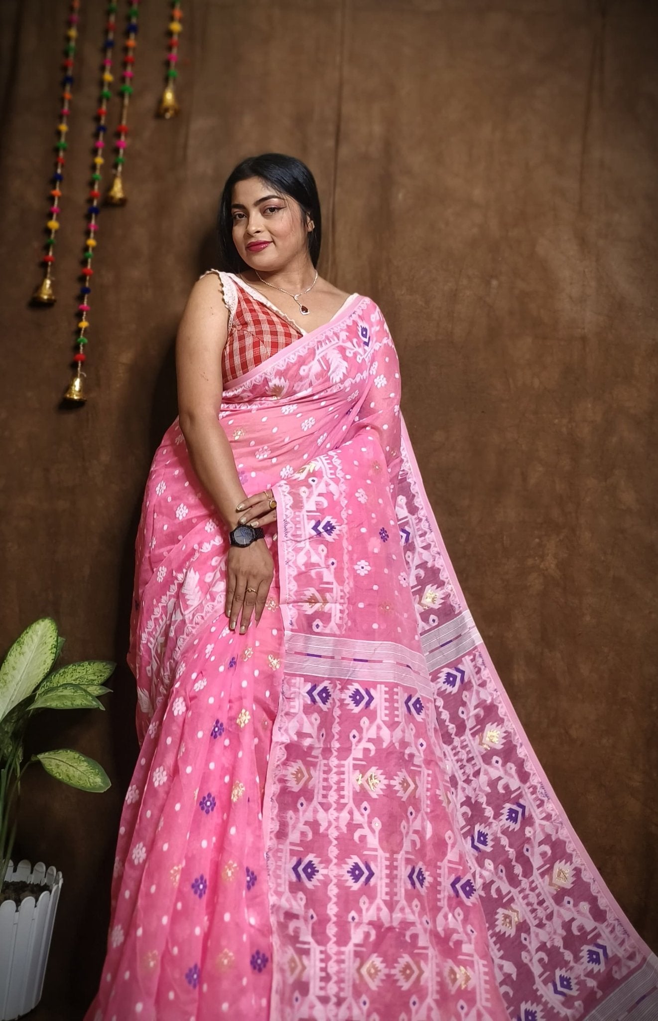 WOVEN DESIGND DHAKAI JAMDANI SAREE COLOR PINK - Rebistore