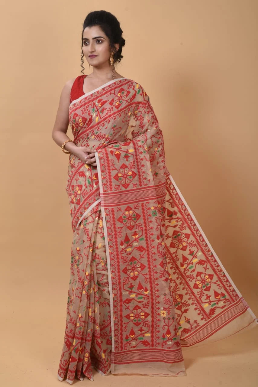 Woven Design Dhakai Jamdani Saree  Color Beige